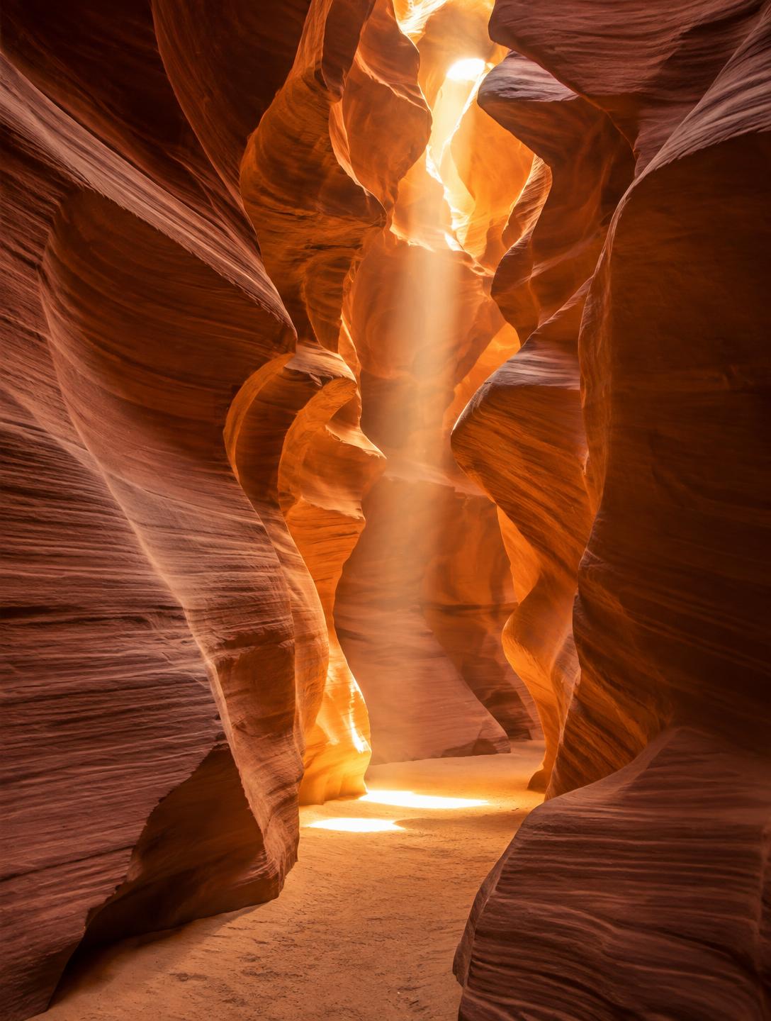 Golden light falling through the walls of a slot canyon in Arizona